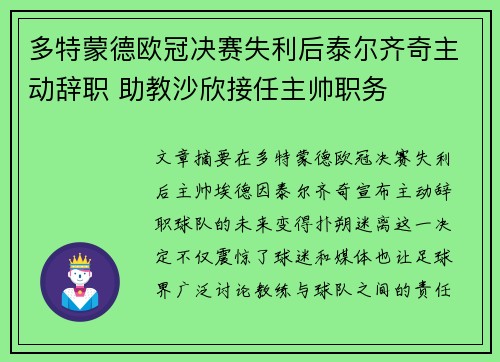 多特蒙德欧冠决赛失利后泰尔齐奇主动辞职 助教沙欣接任主帅职务